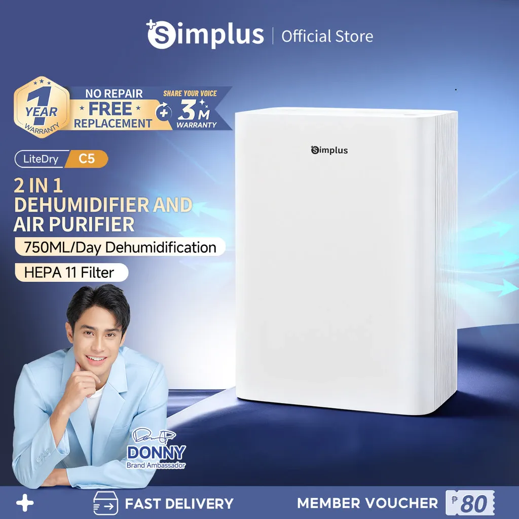 Simplus LiteDry C5 2-in-1 dehumidifier and air purifier, slim white rectangular unit, front view