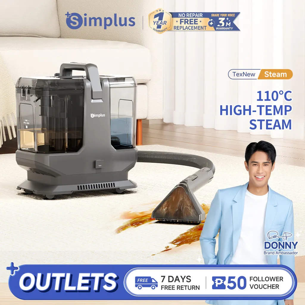 Simplus dual tank carpet and upholstery spot cleaner in grey with wheels and hose, side view