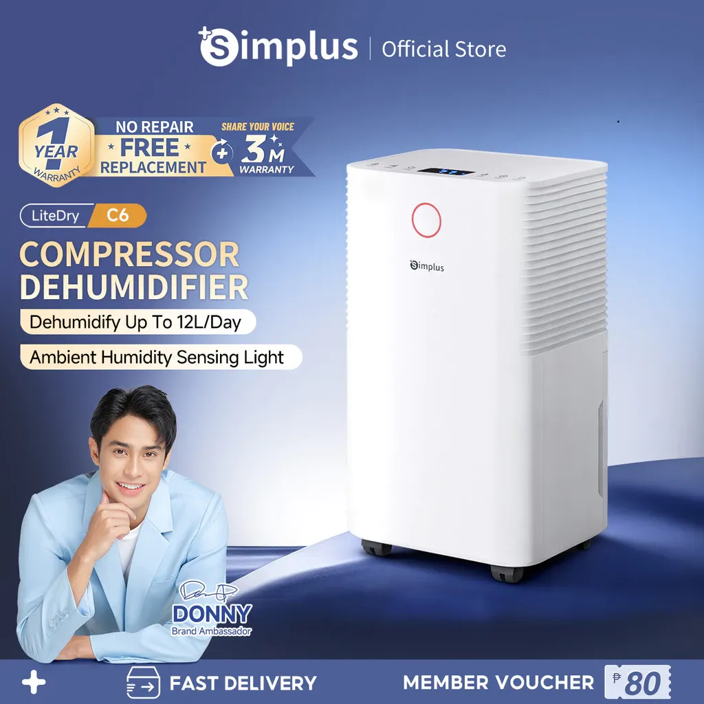 Simplus LiteDry C6 white compressor dehumidifier on castors, front view with digital display