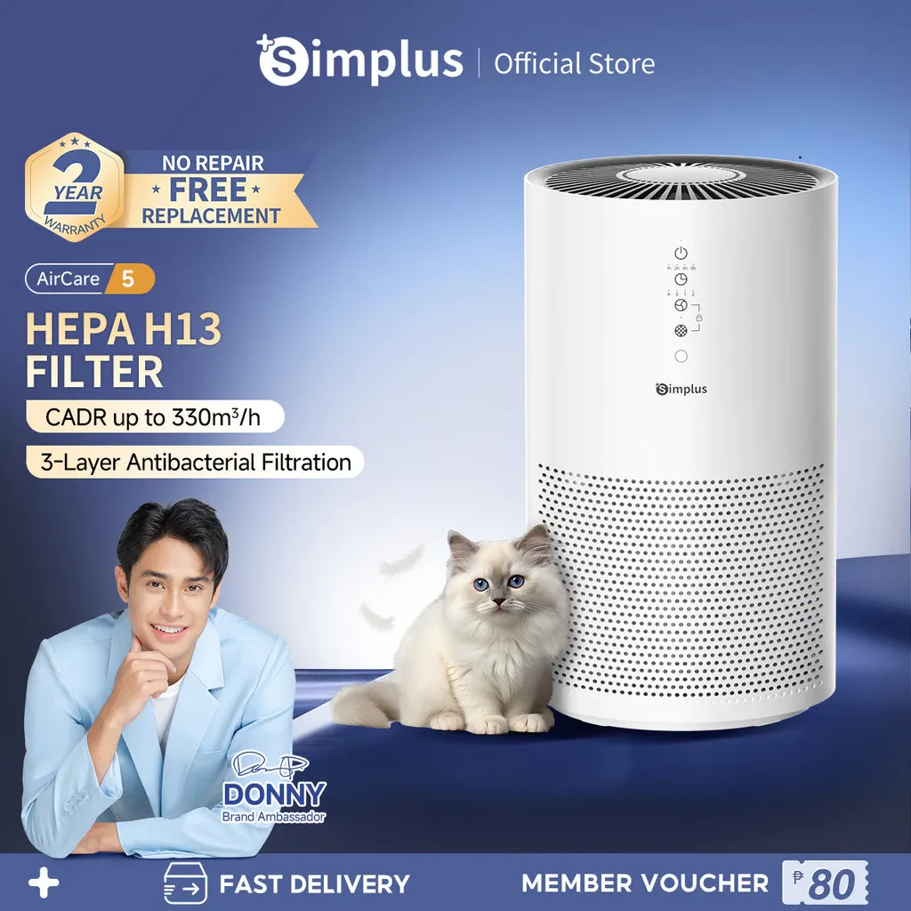 Simplus AirCare 5 smart air purifier, white cylindrical unit with perforated base and touch panel, front view