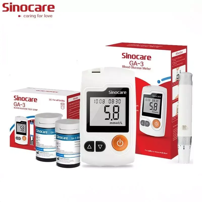 Sinocare GA-3 blood glucose meter kit with 50 test strips and lancets, box view