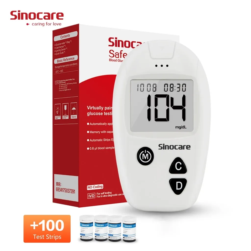 Sinocare Safe-Accu glucometer kit with 100 test strips and lancets, box view