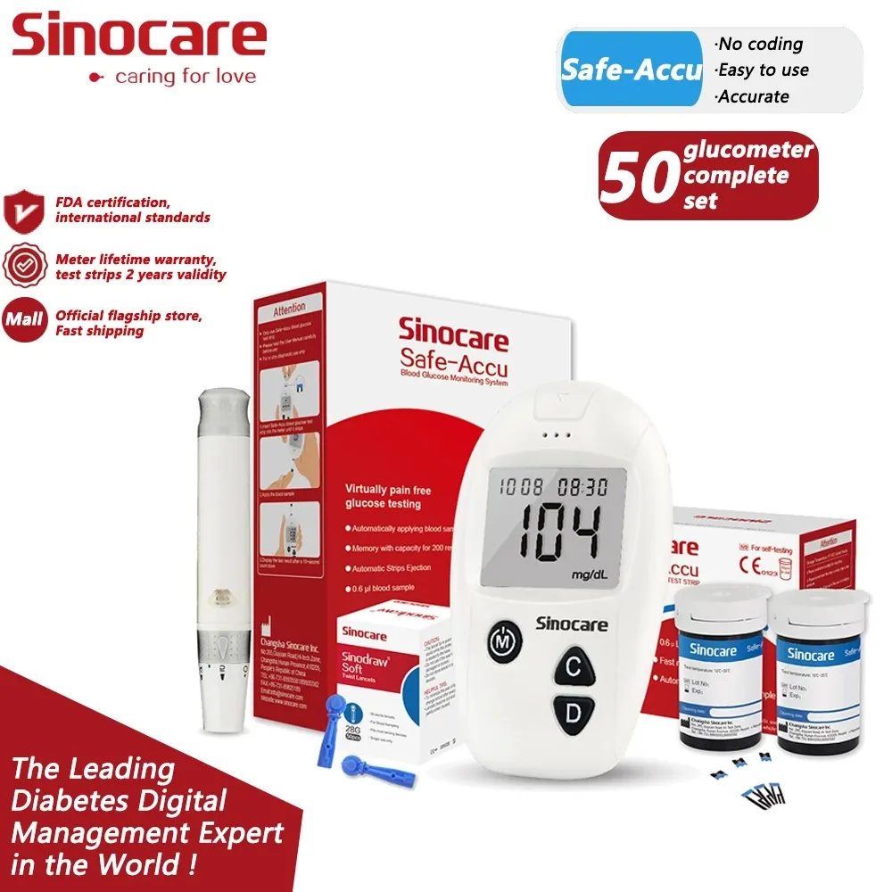 Sinocare Safe-Accu blood glucose monitor kit with meter, 50 test strips and lancets, box view
