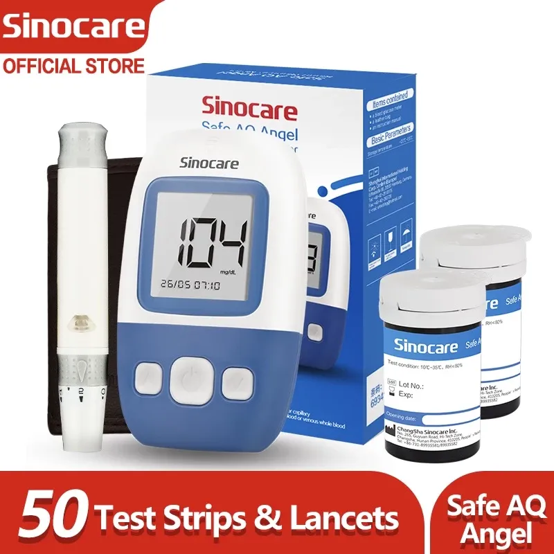 Sinocare Safe AQ Angel blood glucose monitor kit with test strips and needles, box view