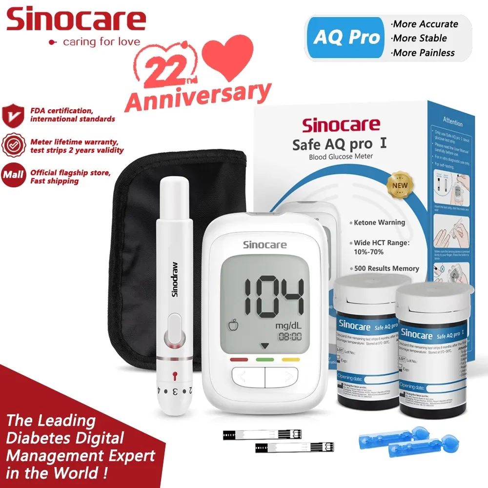 Sinocare Safe AQ Pro I blood glucose meter kit with test strips and lancets, box view