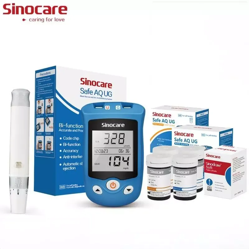 Sinocare Safe AQ UG 2-in-1 blood glucose and uric acid meter kit, box view