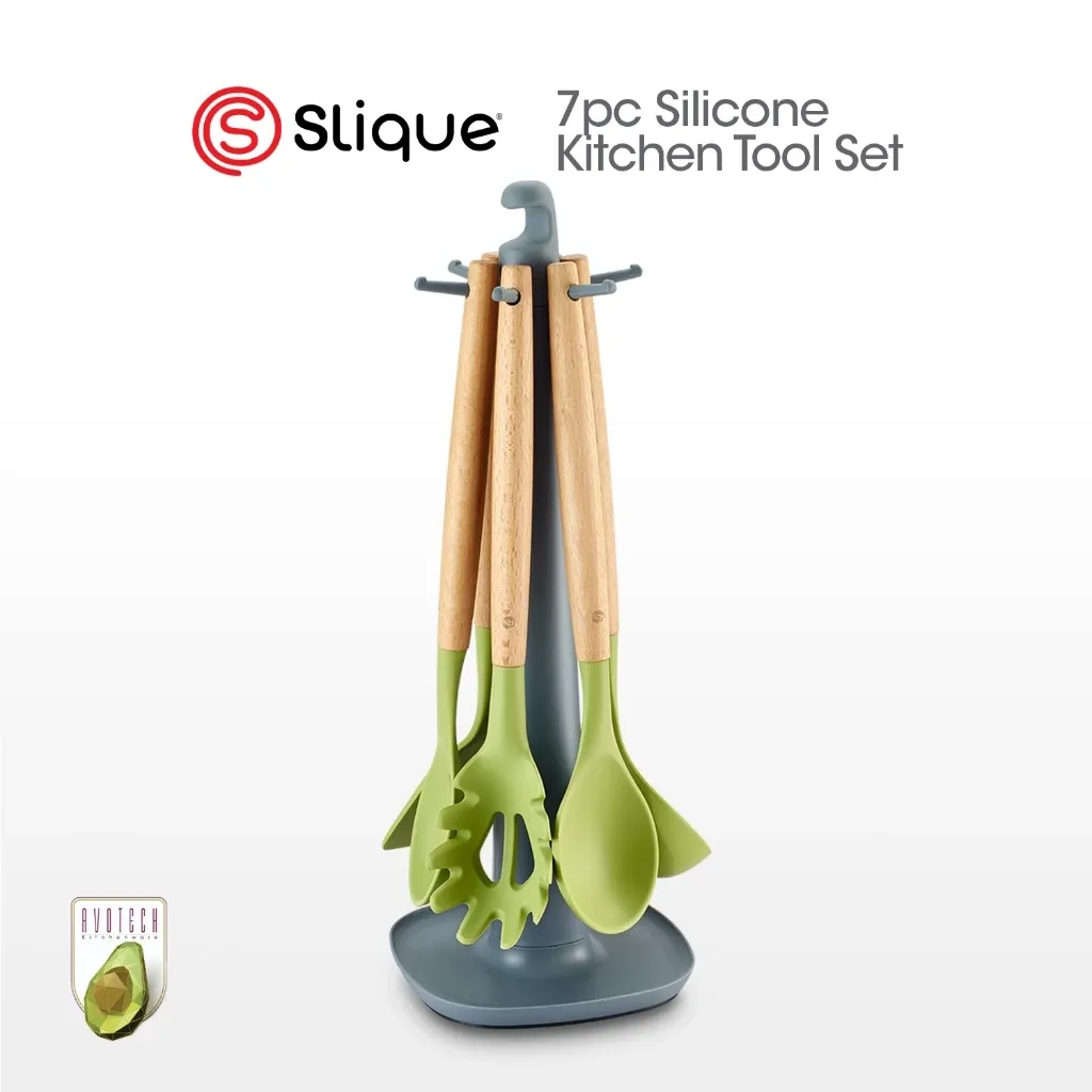 Slique seven-piece kitchen tool set with green heads and wooden handles hanging on a grey rotating stand