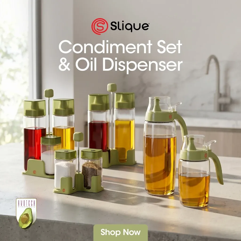 Slique AVOTECH condiment set with a glass oil dispenser, spice jars, and salt and pepper shakers, front view