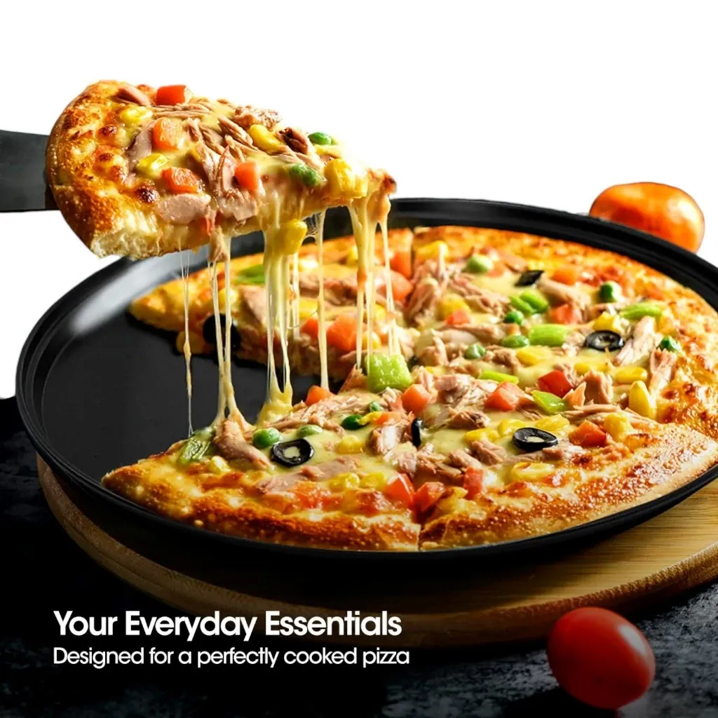 SLIQUE premium non-stick bakeware collection of a round cake pan, pizza pan and pie pan, overhead view