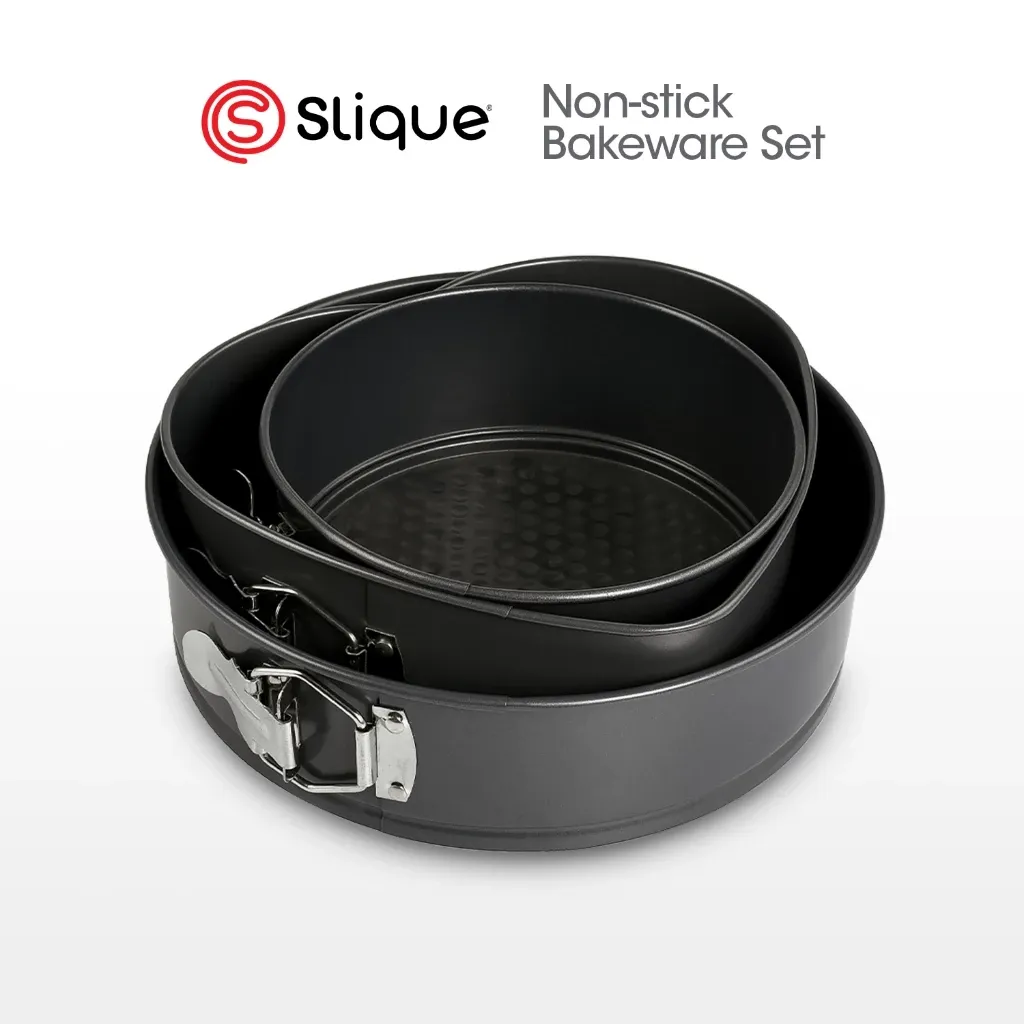 SLIQUE oven safe non-stick bakeware set of baking pans, overhead group shot