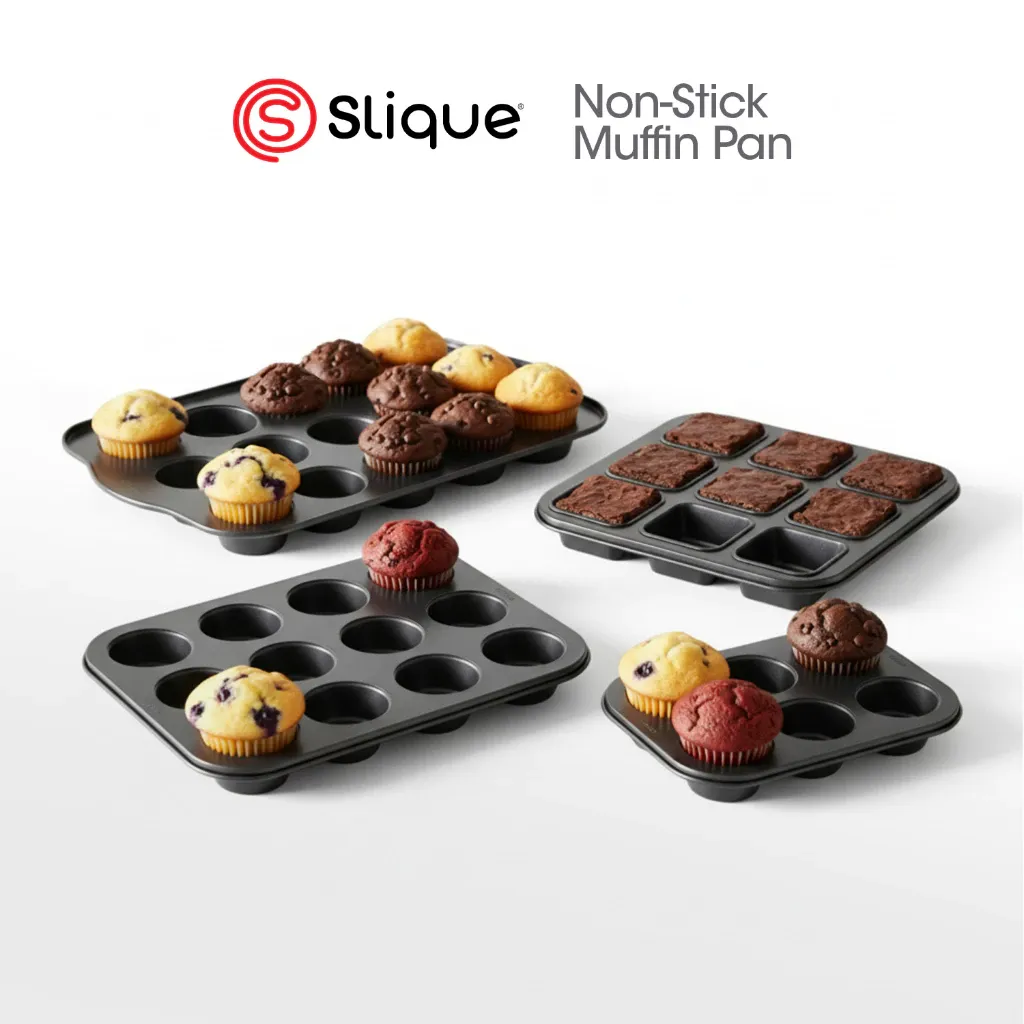SLIQUE non-stick muffin and cupcake pan in round and square baking tray shapes, overhead view