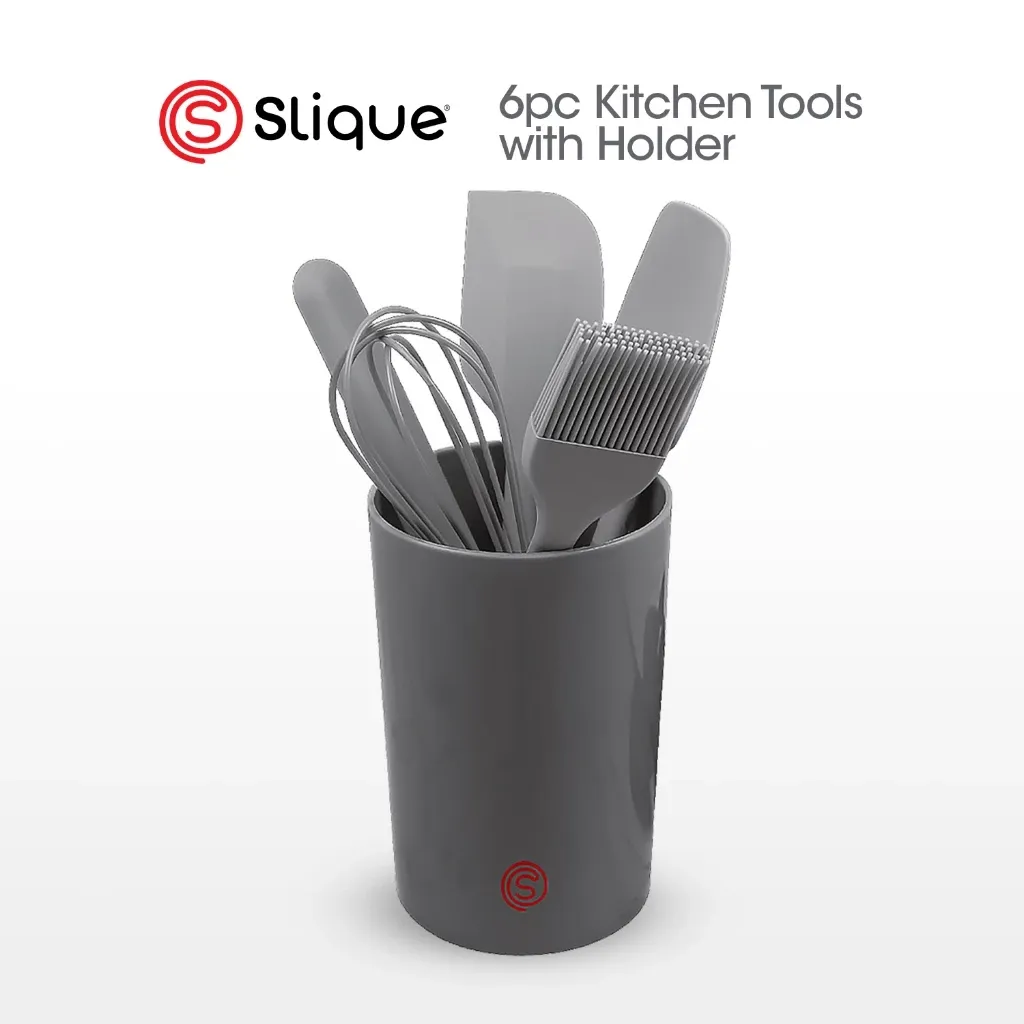 SLIQUE grey silicone kitchen tool set with spatula, whisk and pastry brush in a matching grey holder