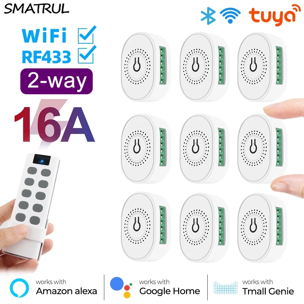 SMATRUL 16A Tuya Wi-Fi RF433 mini switch module beside its 10-key remote control