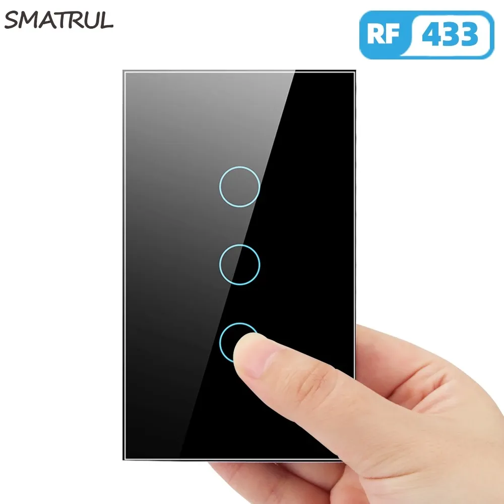 SMATRUL EV1257 RF433 wireless touch switch, a tempered glass wall panel with three touch zones