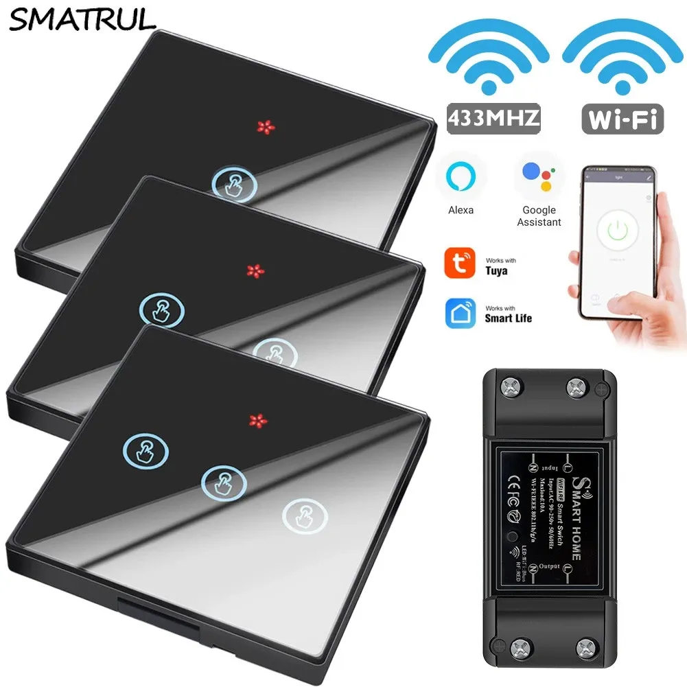 SMATRUL Tuya Wi-Fi RF433 touch panel beside its DIY relay module