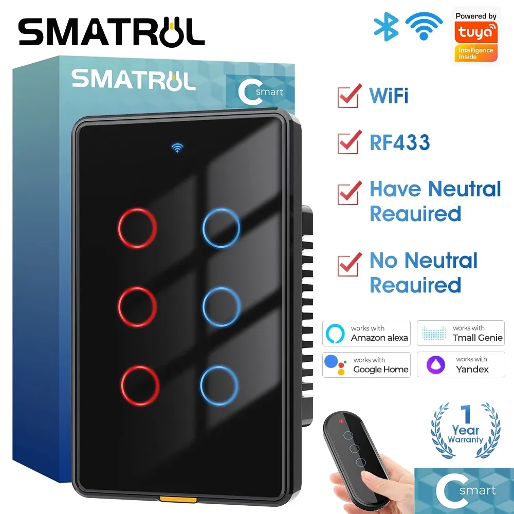 SMATRUL Tuya Wi-Fi RF433 US style wall light touch switch, a rectangular white glass panel