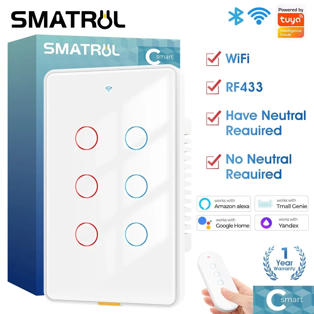 SMATRUL Tuya Wi-Fi smart touch light switch, a white glass wall panel with a backlit touch button