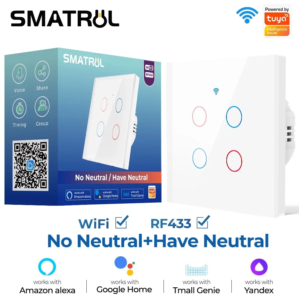 SMATRUL Tuya Wi-Fi UK style glass touch switch, a square white glass wall panel, front view