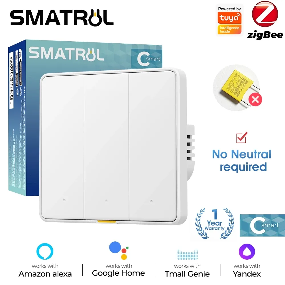 SMATRUL Tuya Zigbee EU wall light button switch, a round white push button on a square plate