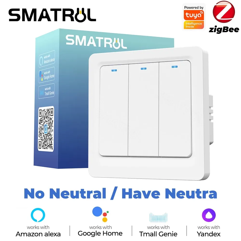 SMATRUL Tuya Zigbee EU push switch with magnetic latching relay, a white three gang wall plate, front view