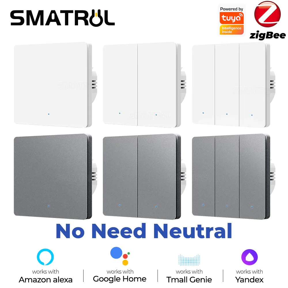 SMATRUL Tuya Zigbee smart light switch, a white glass touch panel, front view