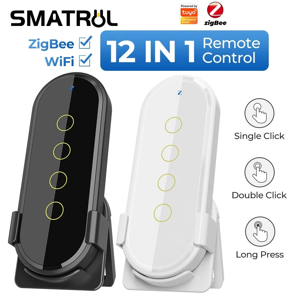 SMATRUL Tuya Zigbee wireless scene switch, a white four gang touch panel with twelve scene controls, front view