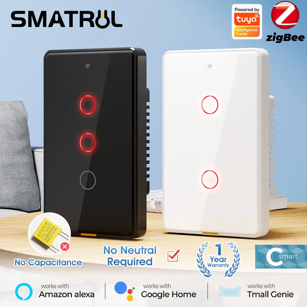 SMATRUL Tuya Zigbee US style touch light switch with magnetic relay, a white glass wall panel