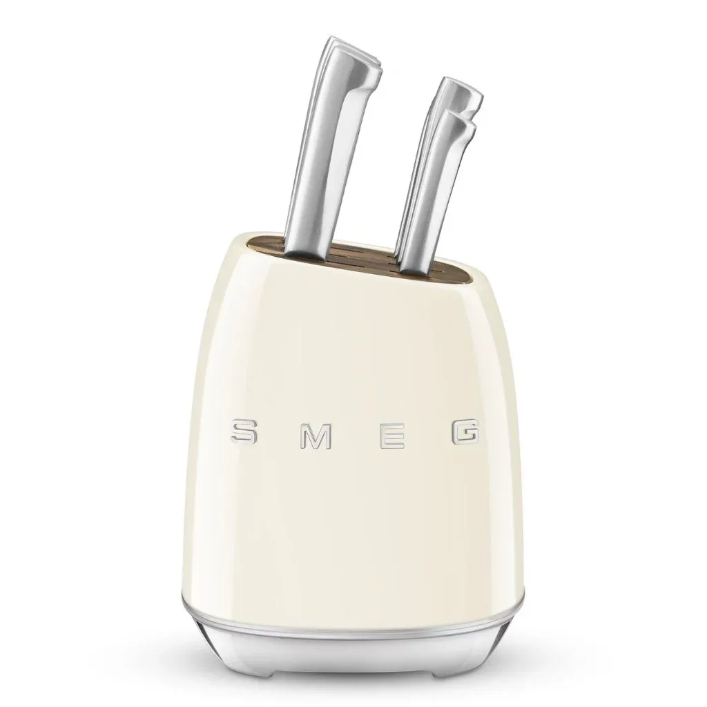 Smeg cream retro-style knife block with stainless steel knives, front view