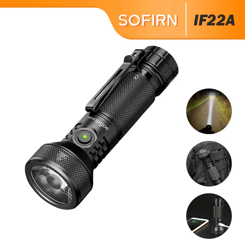 Sofirn IF22A rechargeable LED flashlight with black aluminum body and USB-C charging port