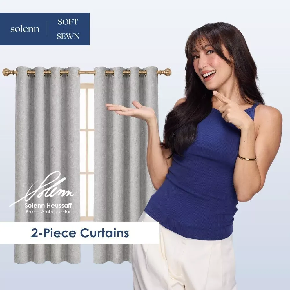 Soft Sewn light grey blackout curtains, 2-piece set hung on a gold rod with grommets