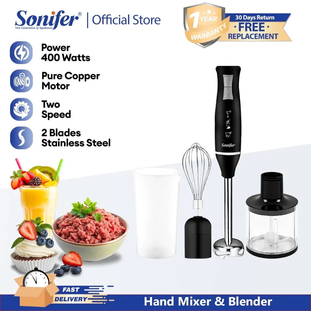 Sonifer 3-in-1 immersion hand blender with whisk and chopper bowl attachments