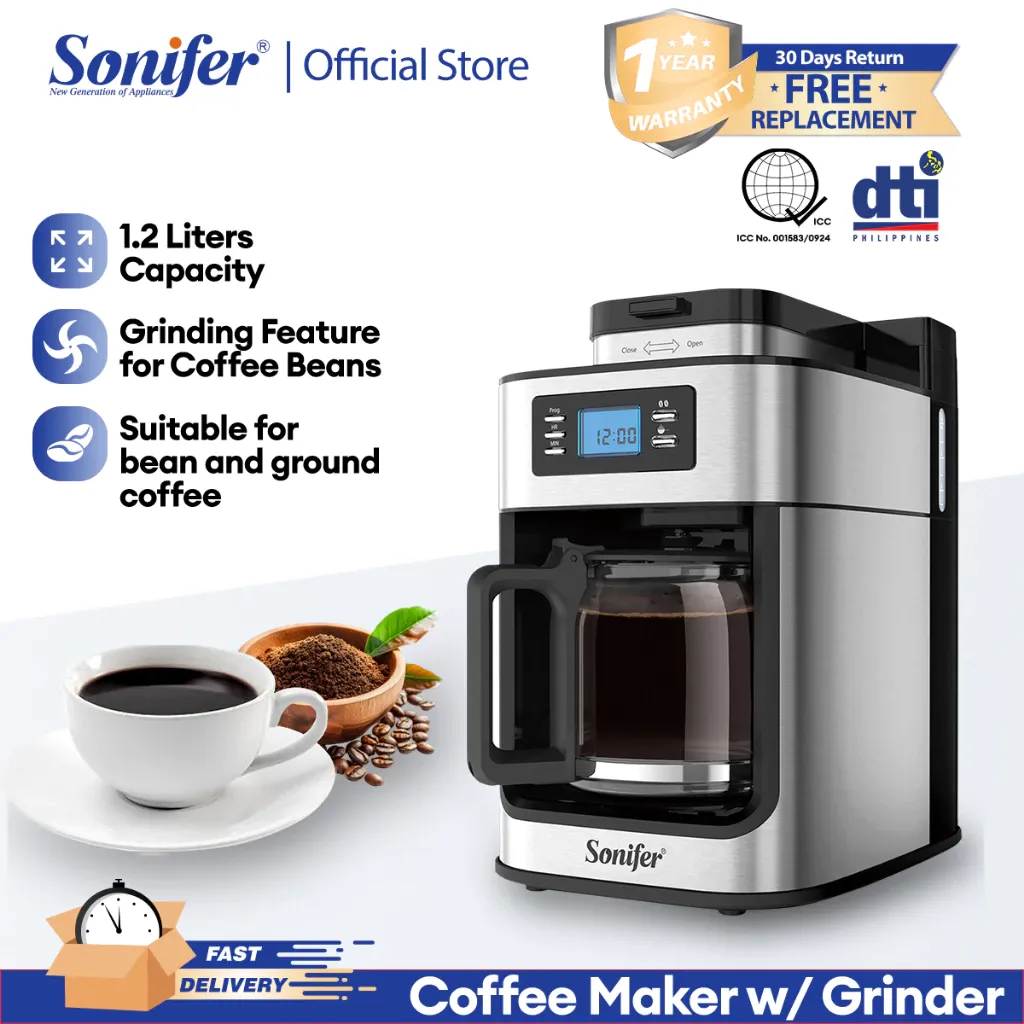 Sonifer drip coffee maker with built-in coffee grinder, up to 10 cups