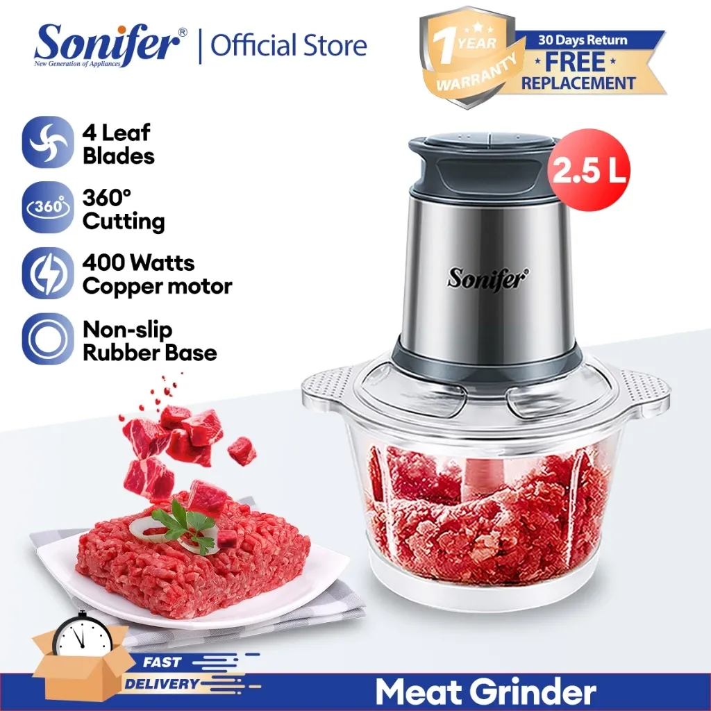 Sonifer 2.5L food chopper with glass bowl and 304 stainless steel blades, front view