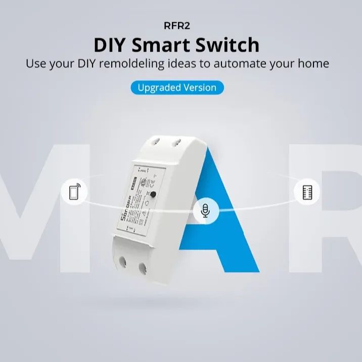 SONOFF RFR2 Wi-Fi smart switch, a small white inline relay module with a button and status LED