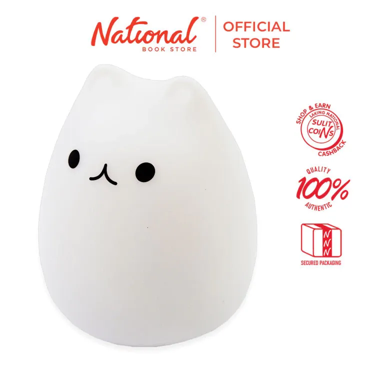 Soft squishy cat-shaped rechargeable night light glowing on a child's bedside table