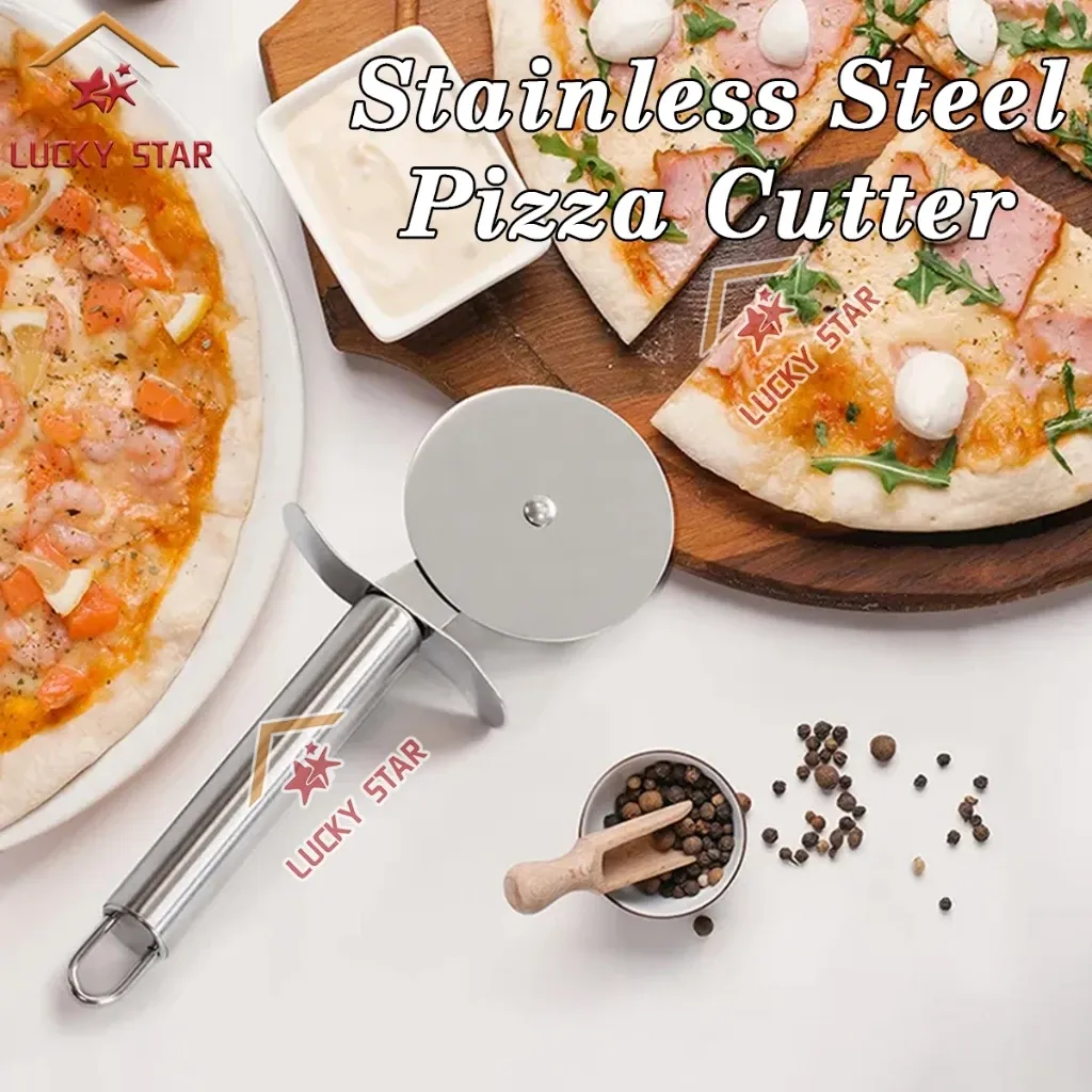 0551 all-stainless-steel pizza cutter with a tubular handle, hanging loop and finger guard, beside a sliced pizza