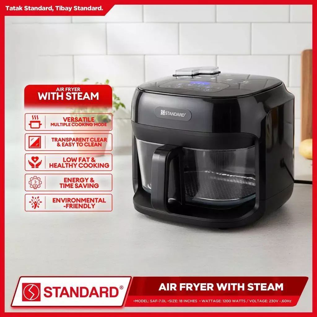 Standard SAF-7.0L glass air fryer with steam feature and digital display