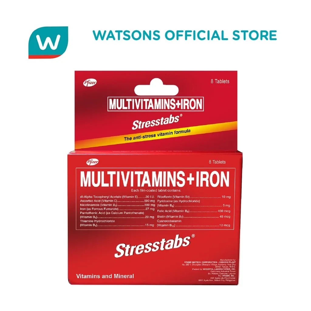 Stresstabs Multivitamins with Iron tablet strip, 8-count trial pack, front view