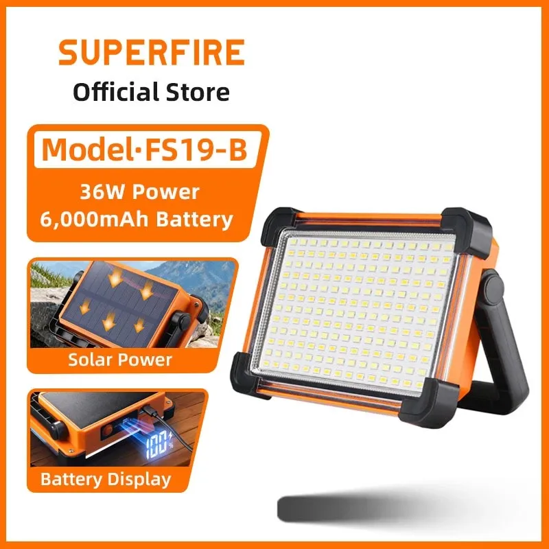 SUPERFIRE FS19-B 36W solar rechargeable LED work light in orange with folding stand, LED panel and rear solar panel