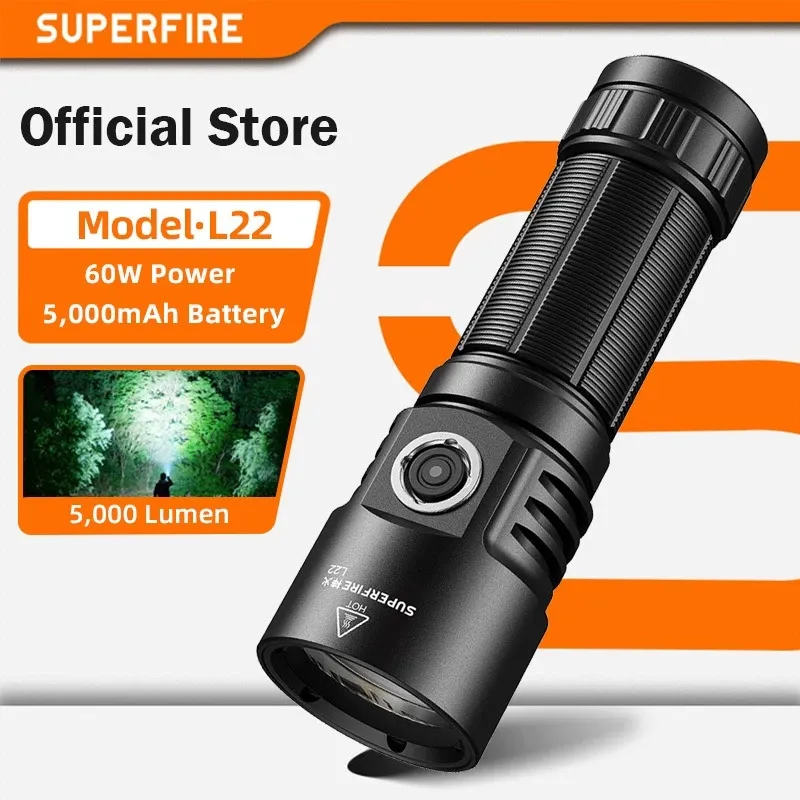 SUPERFIRE L22 60W rechargeable LED flashlight with aluminum body and three lamp beads