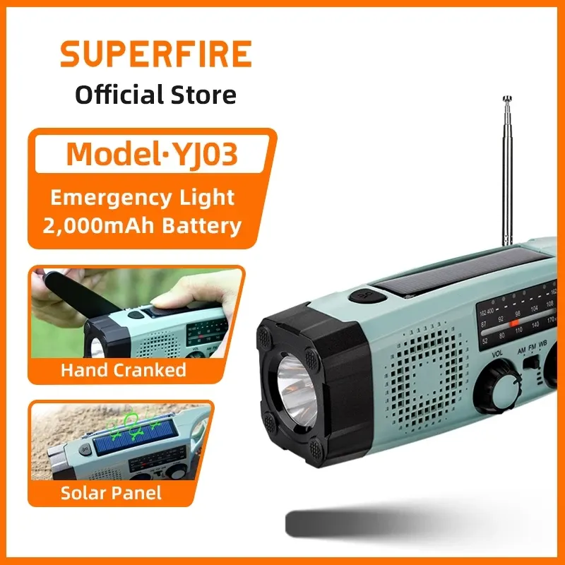 SUPERFIRE YJ03 hand-crank and solar emergency work light with folding handle