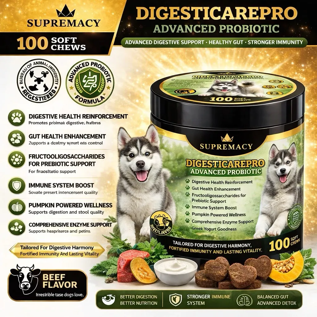 Supremacy DigestiCare Pro probiotic treats for dogs, front of pack