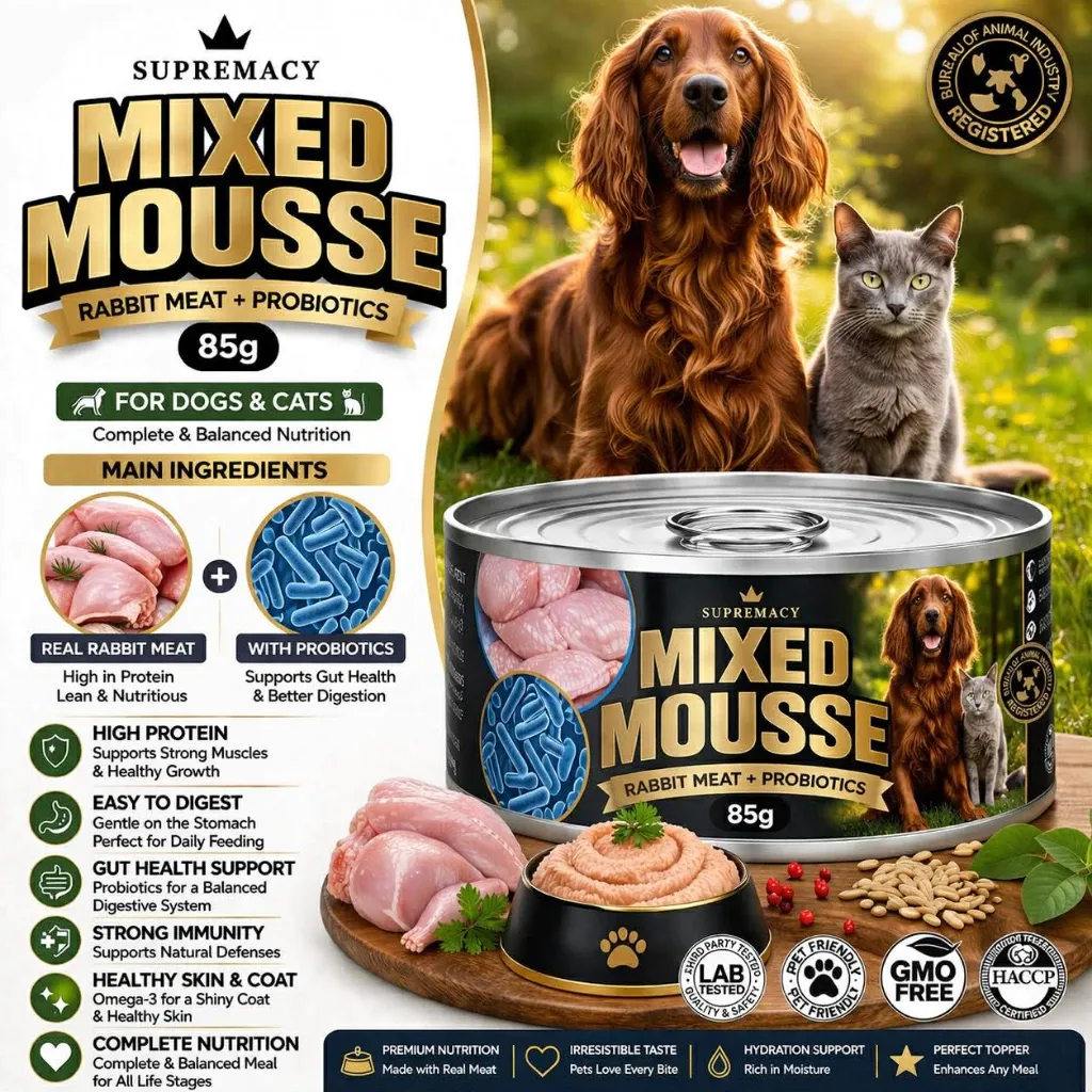 Supremacy mixed mousse rabbit meat topper 85g pouch with probiotics, front view