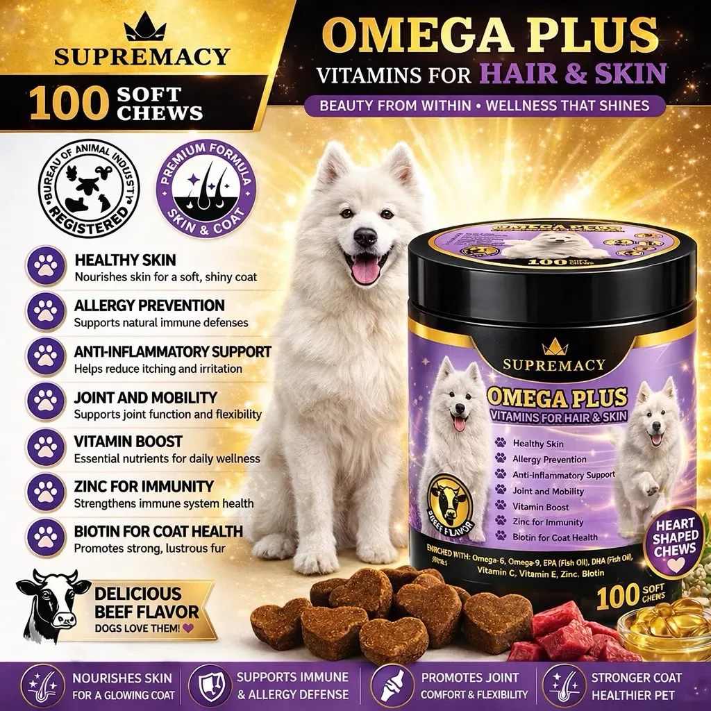 Supremacy Omega Plus dog treats in beef flavor for coat and skin, front of pack