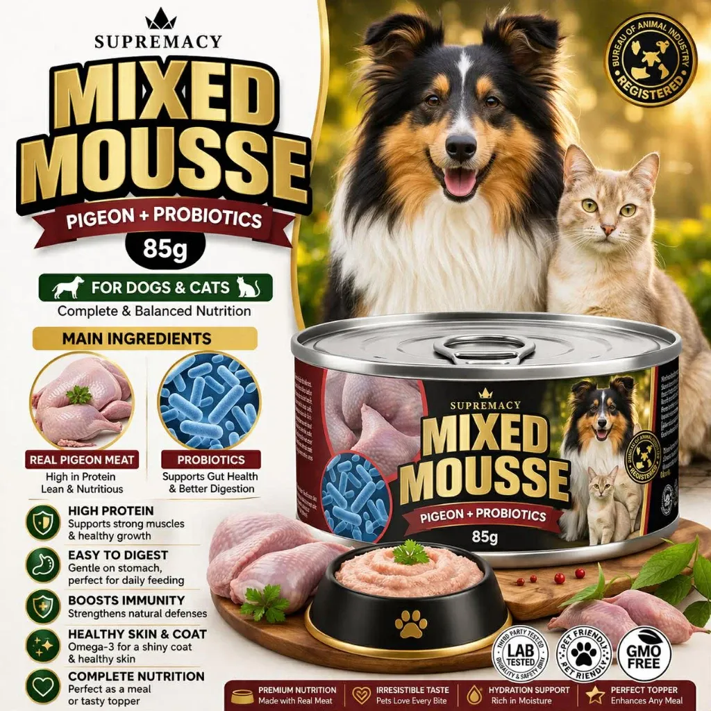 Supremacy mixed pigeon wet mousse topper 85g pouch with probiotics, front view