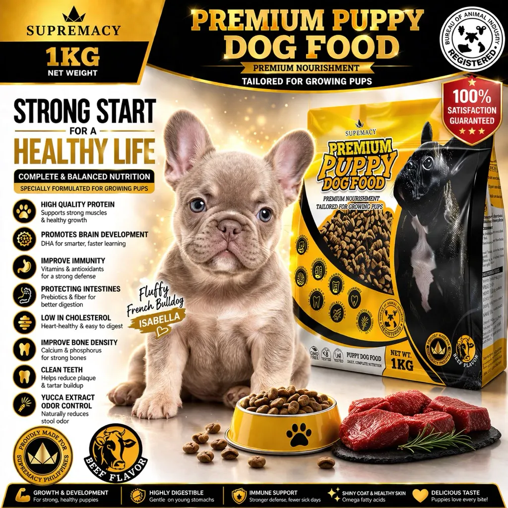 Supremacy Premium Puppy dog food beef flavor 1kg pack with probiotics, front view