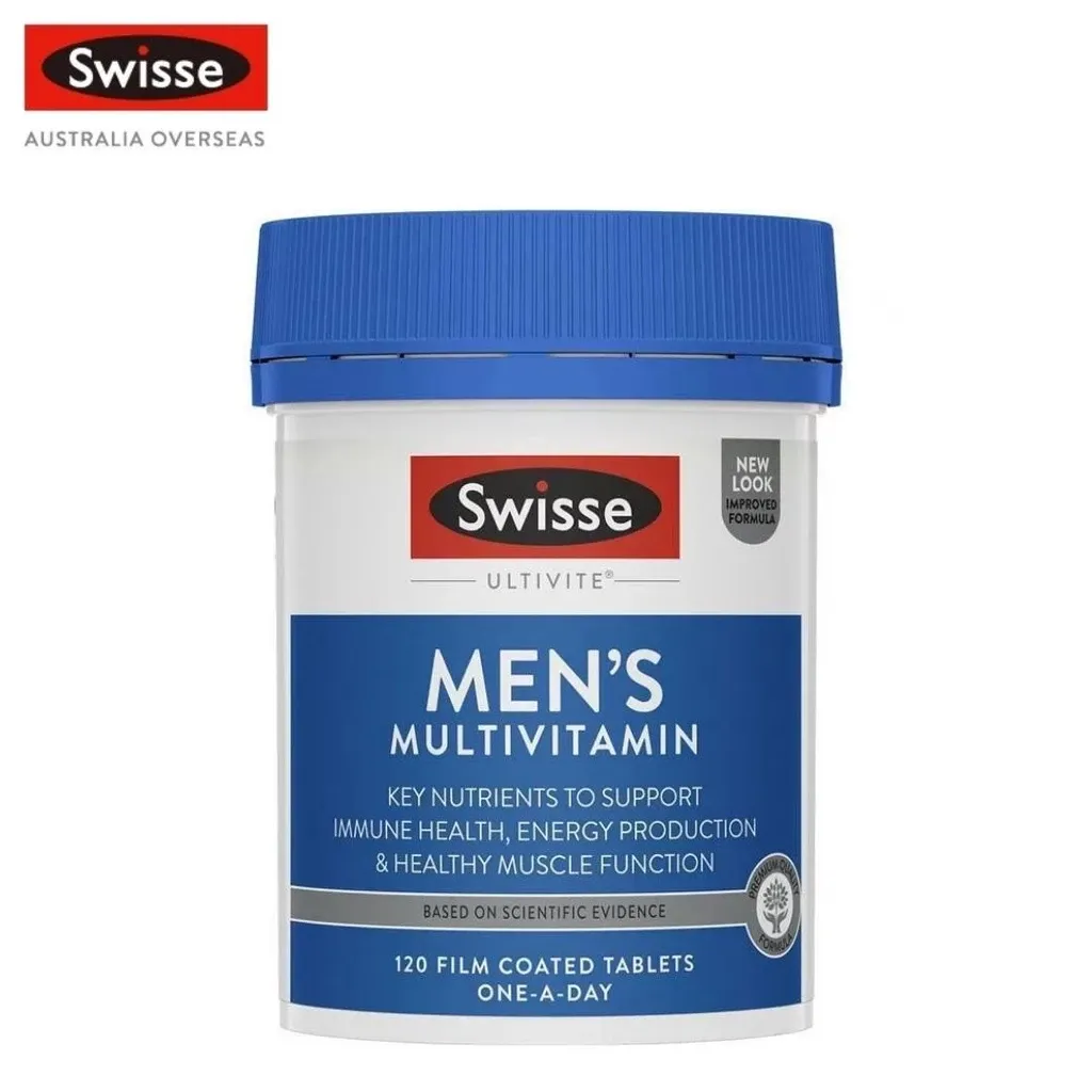 Swisse Ultivite Men's multivitamin film-coated tablet bottle, 120-count, front view