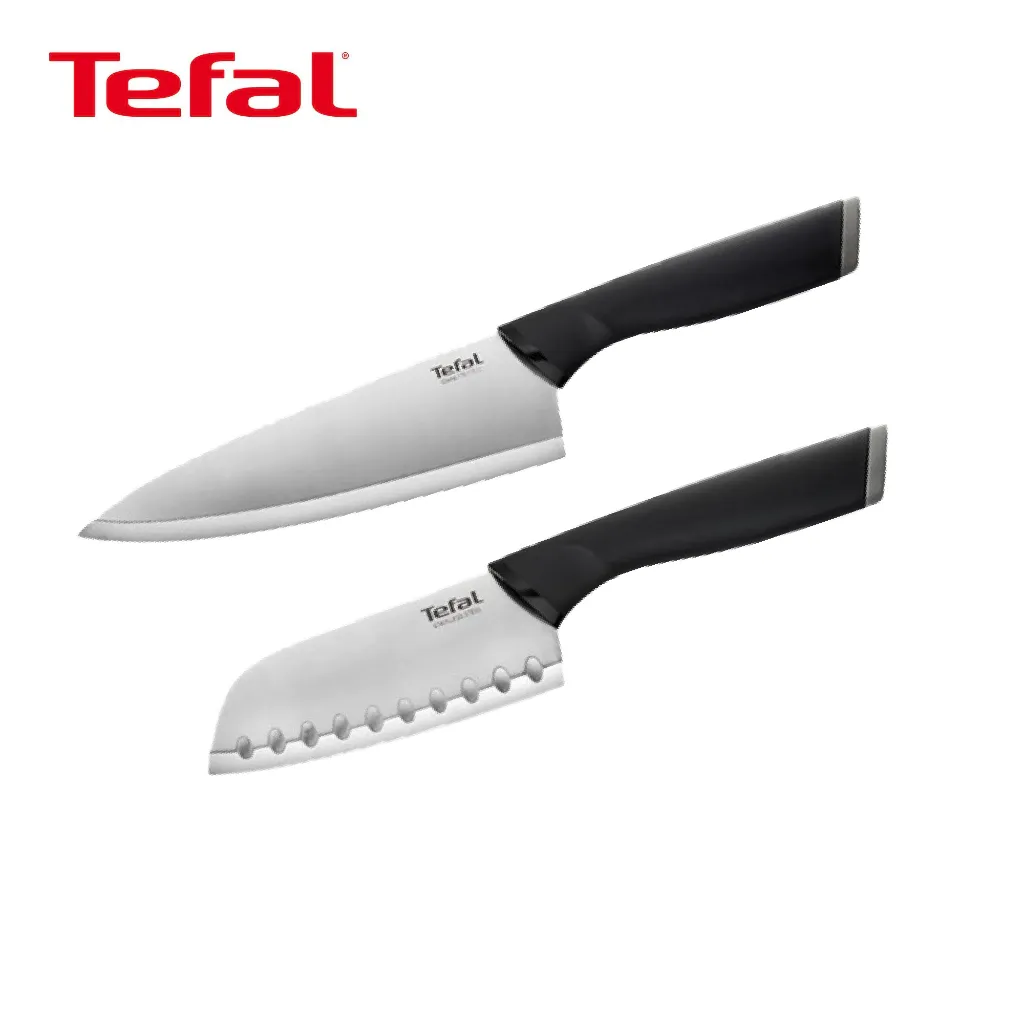 Tefal Comfort Touch 2-piece knife set, santoku and chef knife with black handles, front view