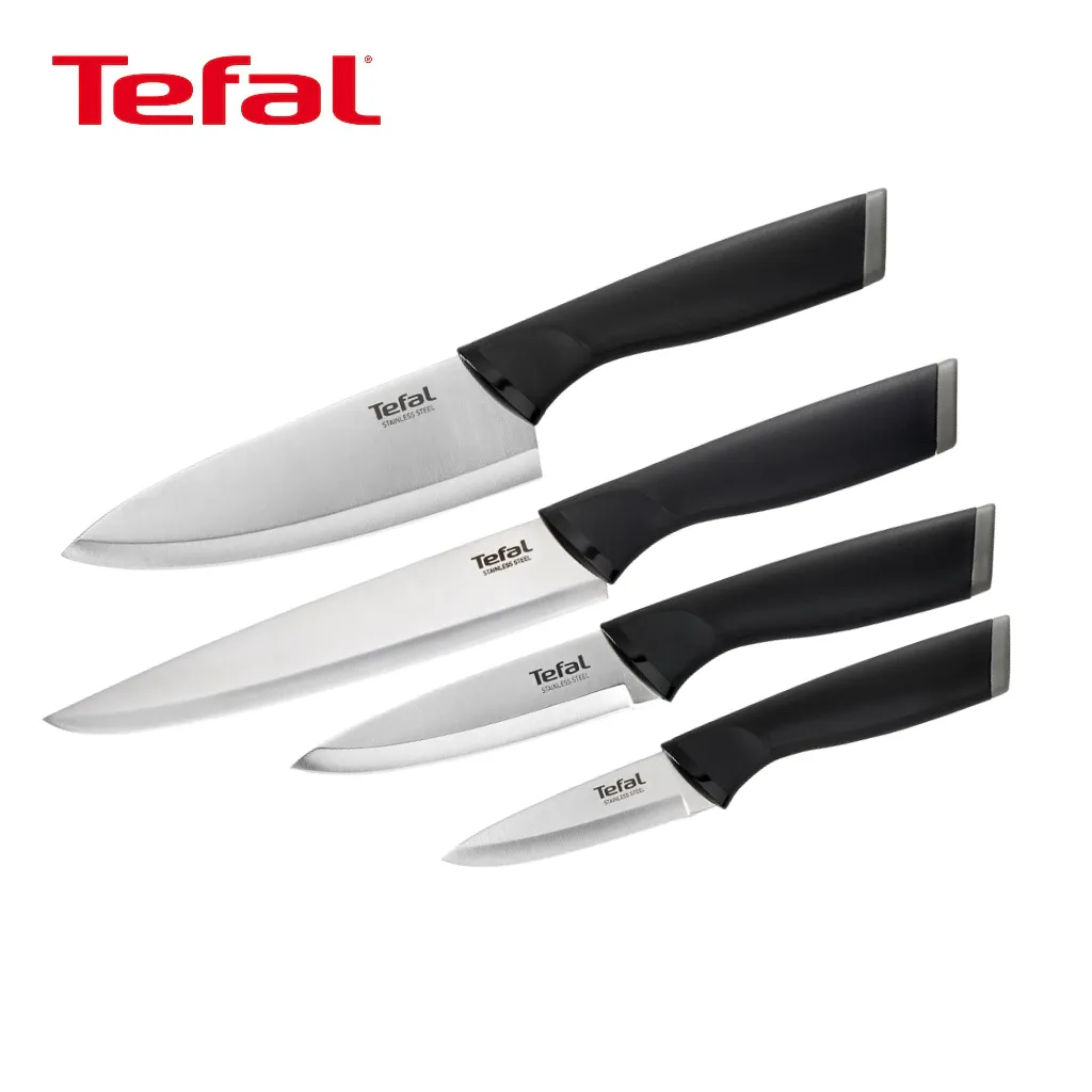 Tefal Comfort Touch 4-piece stainless steel knife set with black soft-touch handles and blade covers, front view