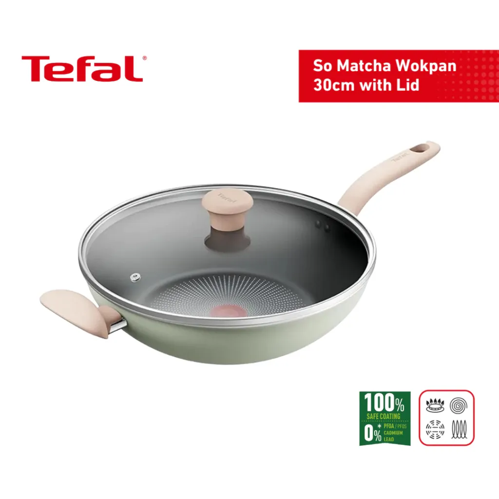 Tefal So Matcha 30cm non-stick wok with glass lid, front view